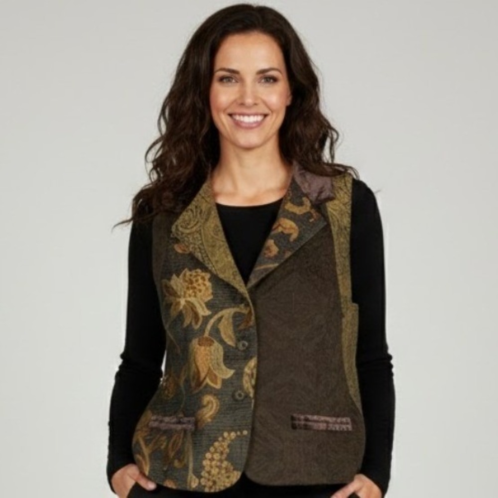 Chicos 2 Women Brocade Velvet Collar Vest Brown Patchwork ‎ Boho Fairy Grunge